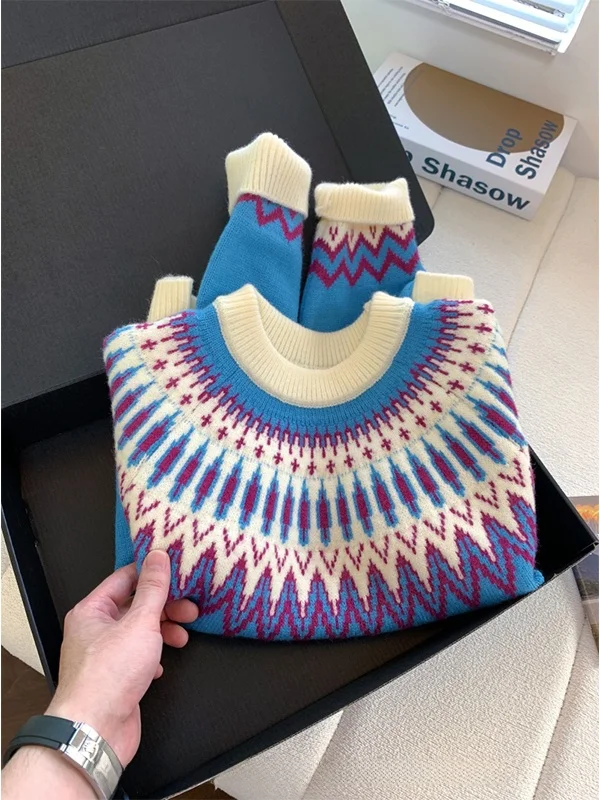 

Ladies Thiened Knitted Sweater Soft Cozy Fair Isle Pattern Autumn Winter round Ne Long Sve Casual Comfortable Sle