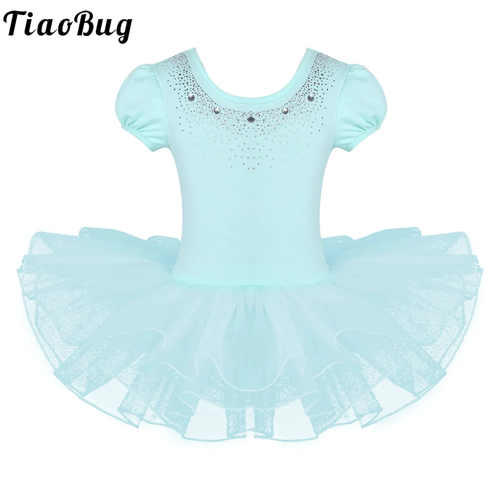 

Kids Girls Bubble Sleeves Rhinestone Ballet Tutu Dress Princess Ballerina Party Costume Skating Gymnastic Leotard Dancewear