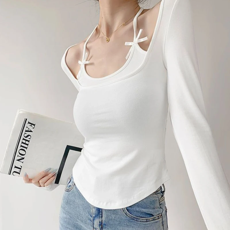 مثير كم طويل قمة الموضة الكورية الرسن الأعلى اقتصاص وهمية 2 قطع الخريف وتتسابق النساء تي شيرت المحاصيل الأعلى الوردي ربطة القوس فيونكة ديكور #5