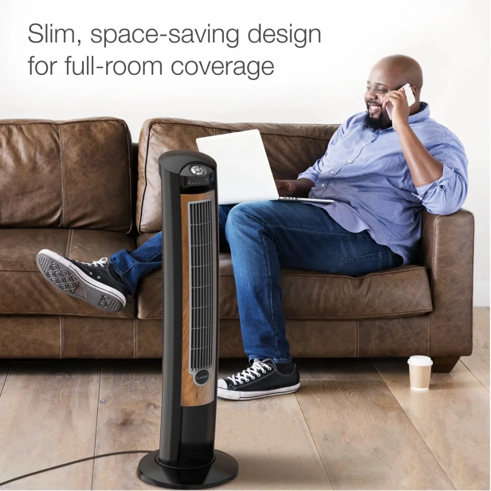 Lasko 42" Wind Curve Tower Fan with Sleep Mode and Remote Control, T42050, Black/Brown