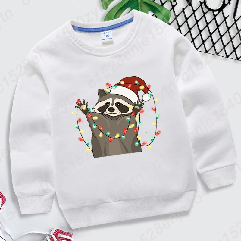 

Christmas Light Racoon Print Sweatshirt Autumn Winter Children Fashion Sweatshirt Kids Casual Long Sleeve Hoodless Pullover Tops