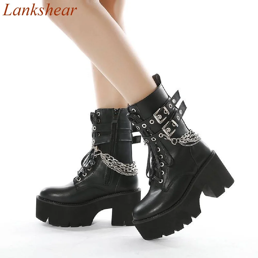 

Round Toe Square Heel Women Boots Metal Chain Mid Calf Thick Sole Height Increasing Fashion Sexy Women Shoes 2024 New Arrivals