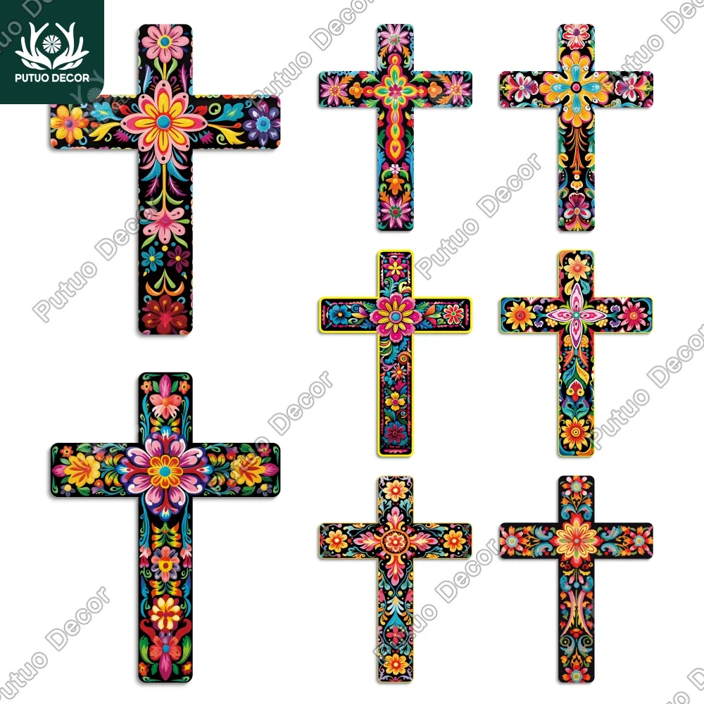 Putuo Decor 1pc Mexican Style Crucifix Wood Wall Art Decor, Wooden Wall Mounted Cross for Home Church , 15.9 X 11.8 Inches