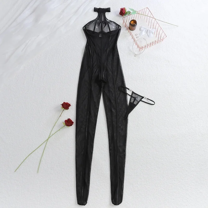 Nolia Sexy Halter Bodysuit with Panty Mesh Thin Model See-through Slim Women Lace Interesting Hollow Seductive Se 5d4;