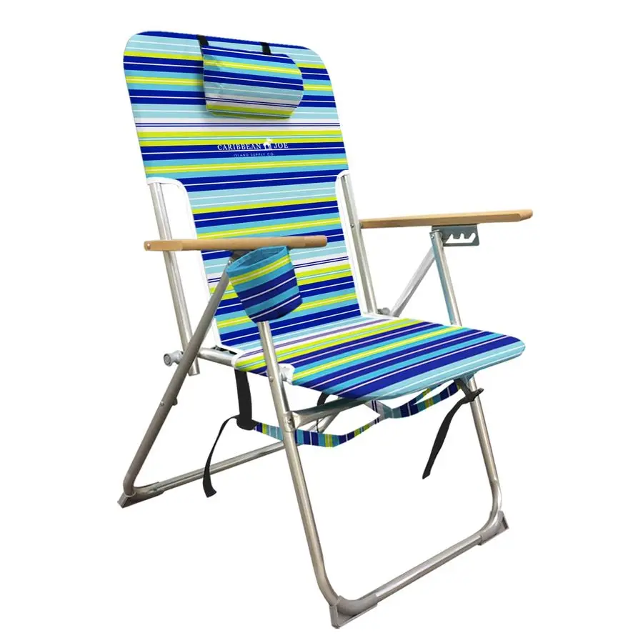 

Folding Beach Chair, 4 Position Portable Backpack Foldable Camping Chair with Headrest, Cup Holder, and Wooden Armrests, Blue an