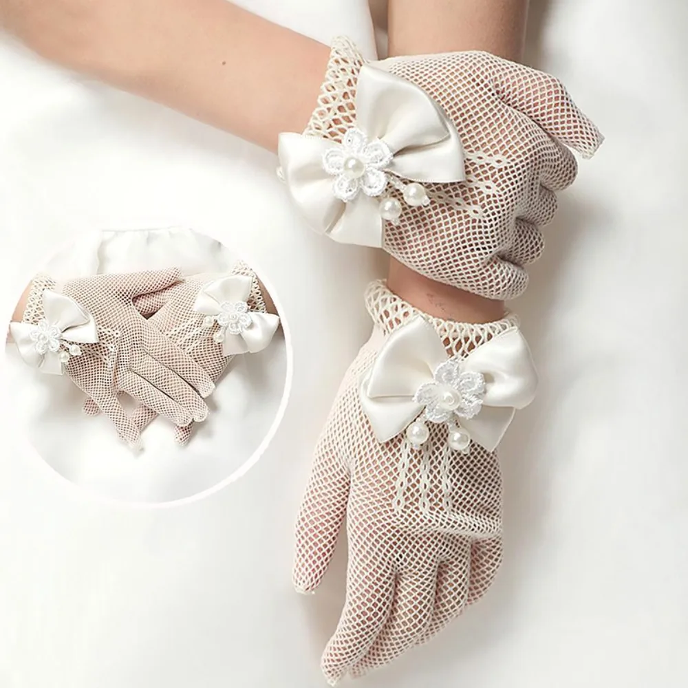 New Short Children's Wedding Gloves Bow Knot Thin Lace Mesh Gloves Etiquette Dress Gloves Holiday Princess Birthday Party Gloves