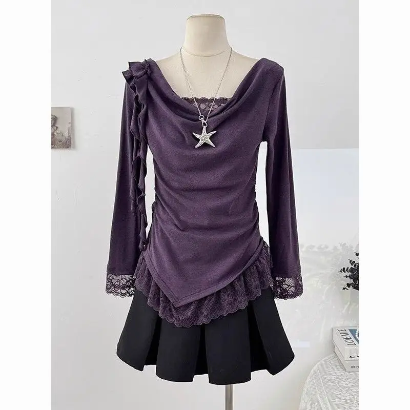 Women T-shirt Fashion Asymmetric Patchwork Lace Long Sleeve Ruffle Top Summer Temperament Folds Slim Fit Ruched Tees