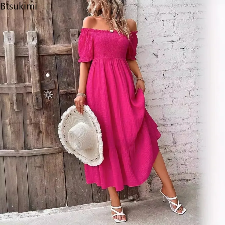 

Summer New Women's Slash Neck Off Shoulder Maxi Dress Fashion Slim Solid Elegant Dress Ladies Casual Beach Vacation Long Dresses