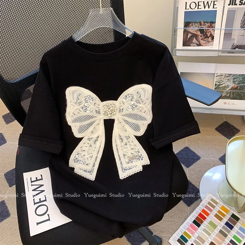 الكورية شعبية مقوس دانتيل تي شيرت مطبوع المرأة 2025 الصيف موضة تي شيرتات قصيرة الاكمام عادية Y2k بلايز ملابس الفتيات أنيقة