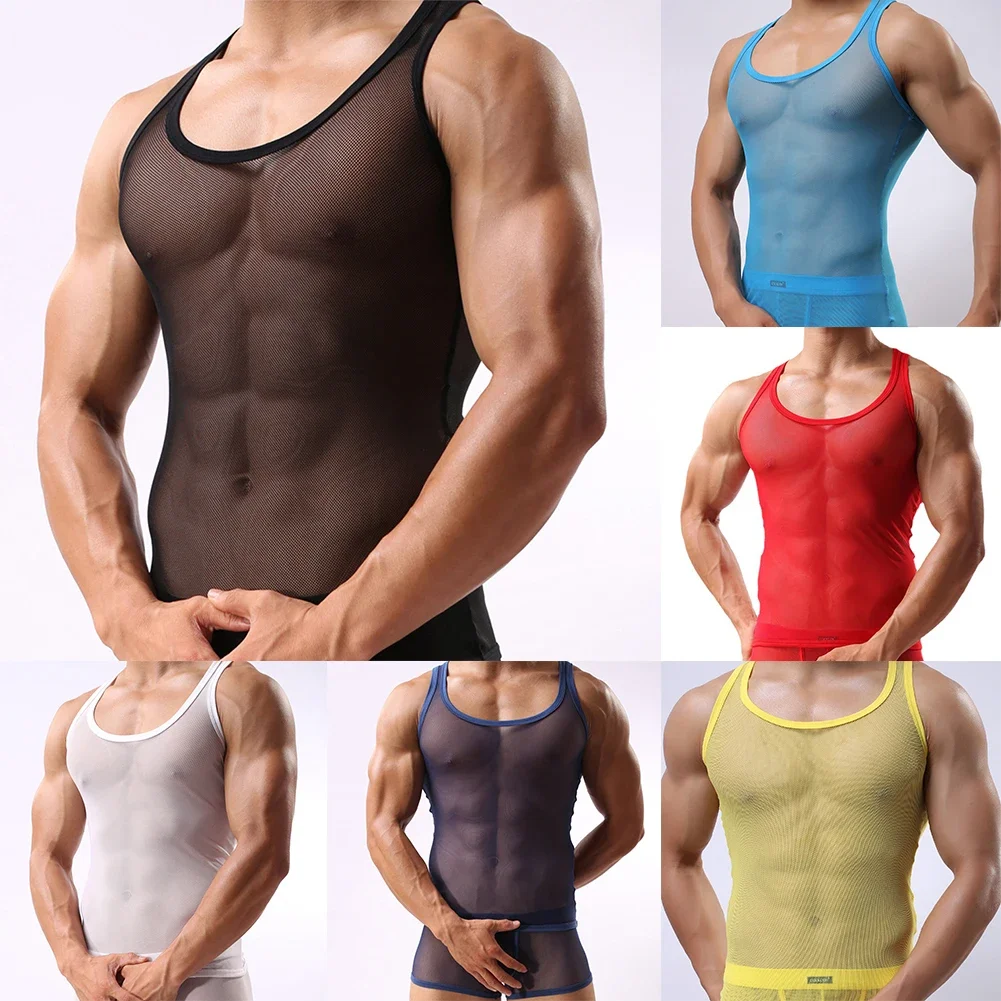 Mens Sexy Mesh T-Shirt See Through Fishnet Gym Training Soft Breathable Mesh T Shirt Sheer See Through Fishnet Gym Training Tank