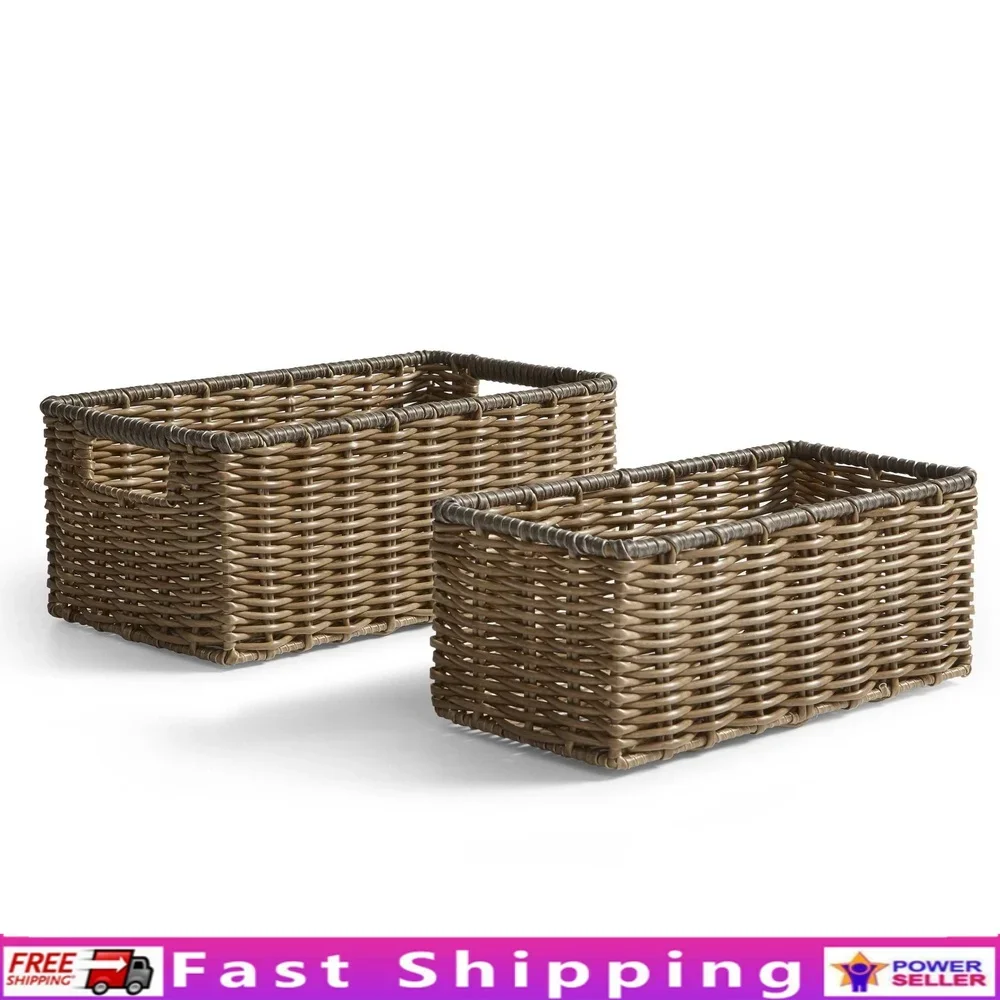 

2-Piece Storage Basket Set Poly Rattan Weave Iron Frame Rectangular Bins Cut-Out Handles Organization Home Office Cleaning