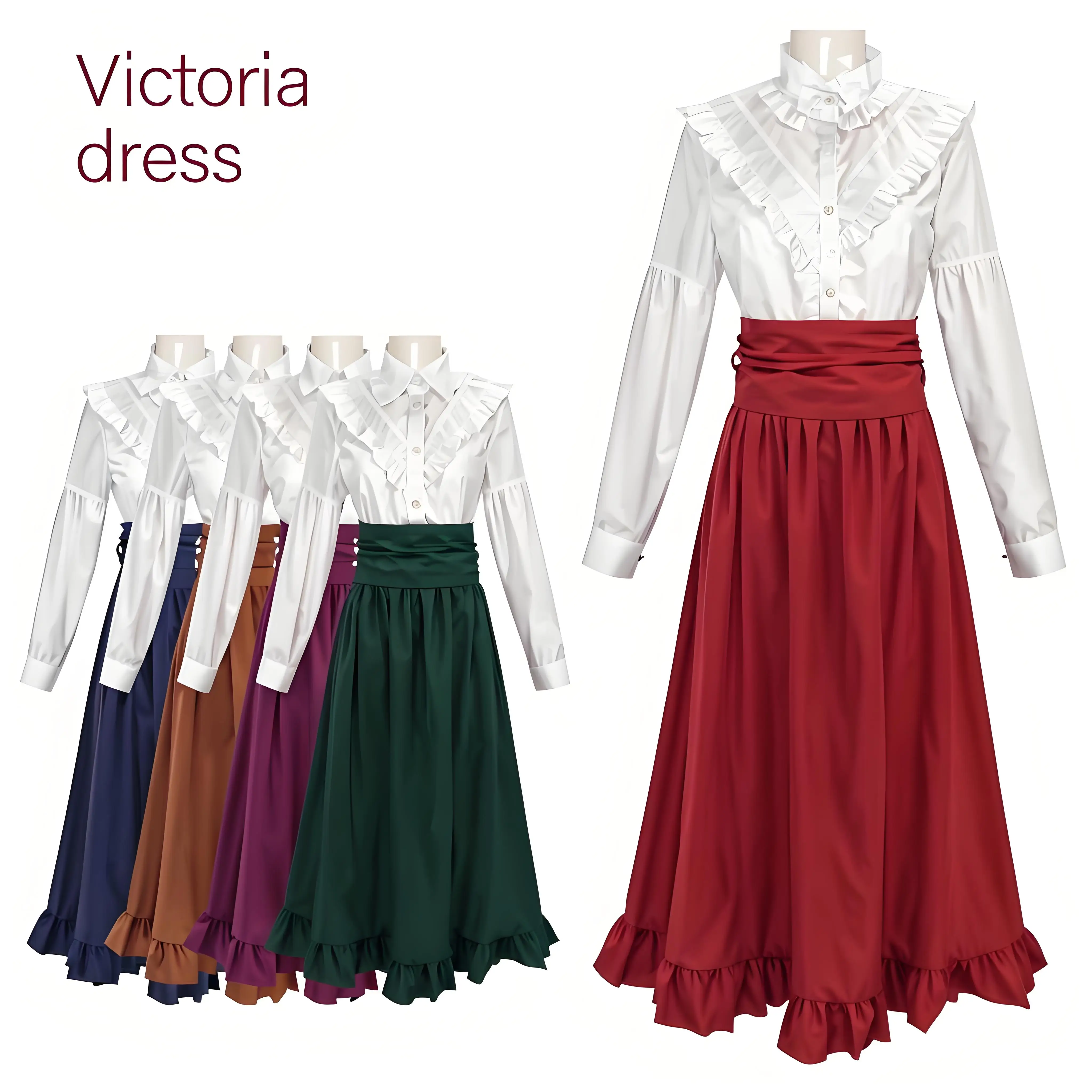 

Medieval Victorian Gothic Cosplay Costume Retro 1860s Women Ruffled Shirt Long Skirt Full Set Halloween Party Victorian Dresses