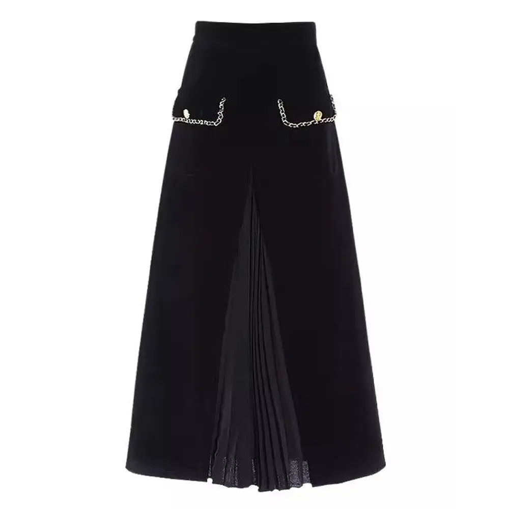 

Autumn New Vintage Patchwork Net Yarn High Waist A-line Skirt Ladies Korean Fashion Buttons Solid Color Pleated Skirt Women's