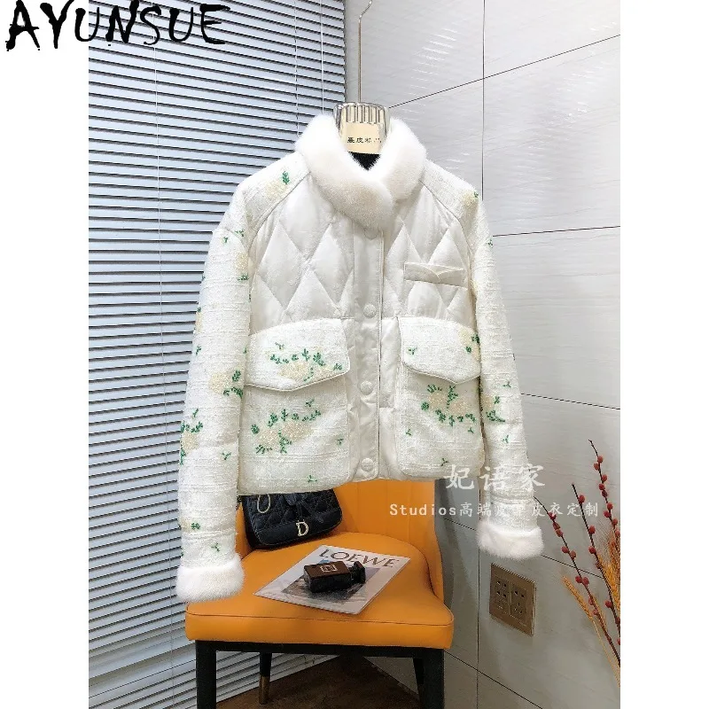 AYUNSUE Women's Down Coats Elegant Mink Fur Collar Goose Down Jackets for Woman Sequined and Beaded Warm Jacket Woman Clothes