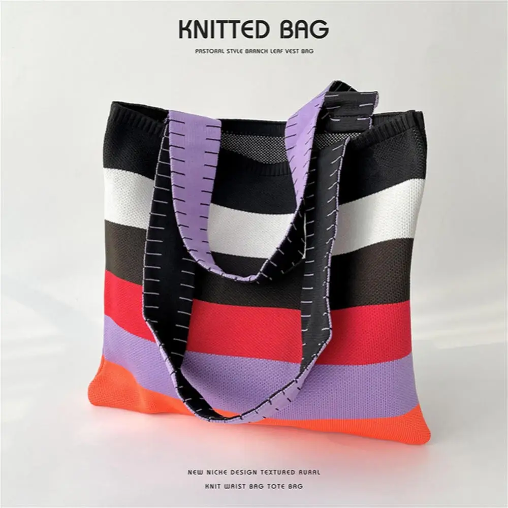 Rainbow Contrast Color Striped Handbag Y2k Korean Style Shoulder Bag Knit Eco Friendly Shopper Tote Handwoven Cute Beach Bag