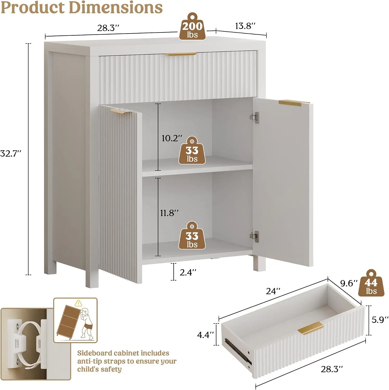 Fluted Buffet Cabinet Kitchen Sideboard Frame White Adjustable Shelves Full Extension Drawer Slides Curved Metal Handle Coffee Bar Storage Organizer For Dining Room Entryway