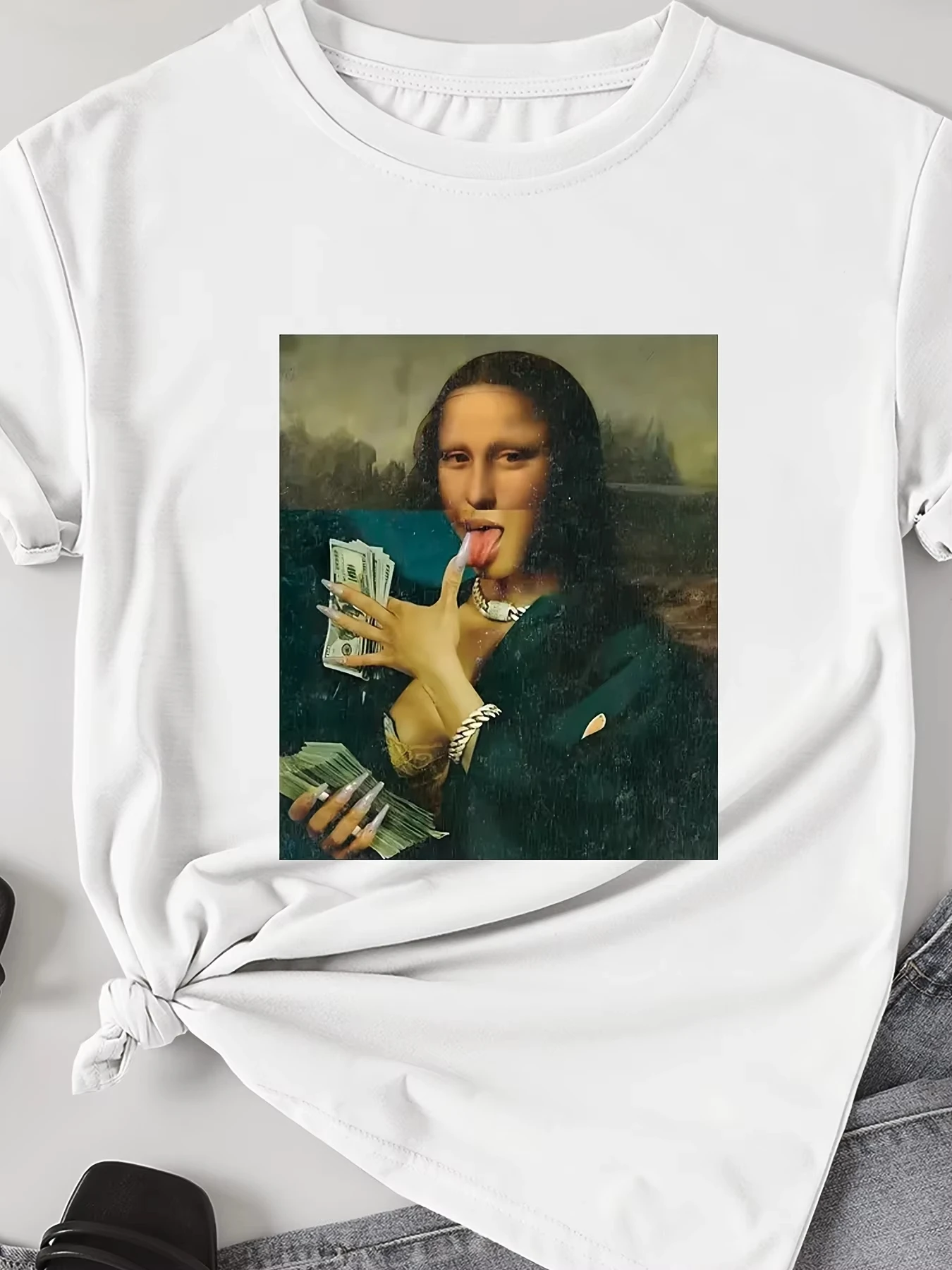 Men and Women Black Humorous Mona Lisa Money Bills Graphic T-Shirt - Casual Short Sleeve Tee with Abstract Art Design