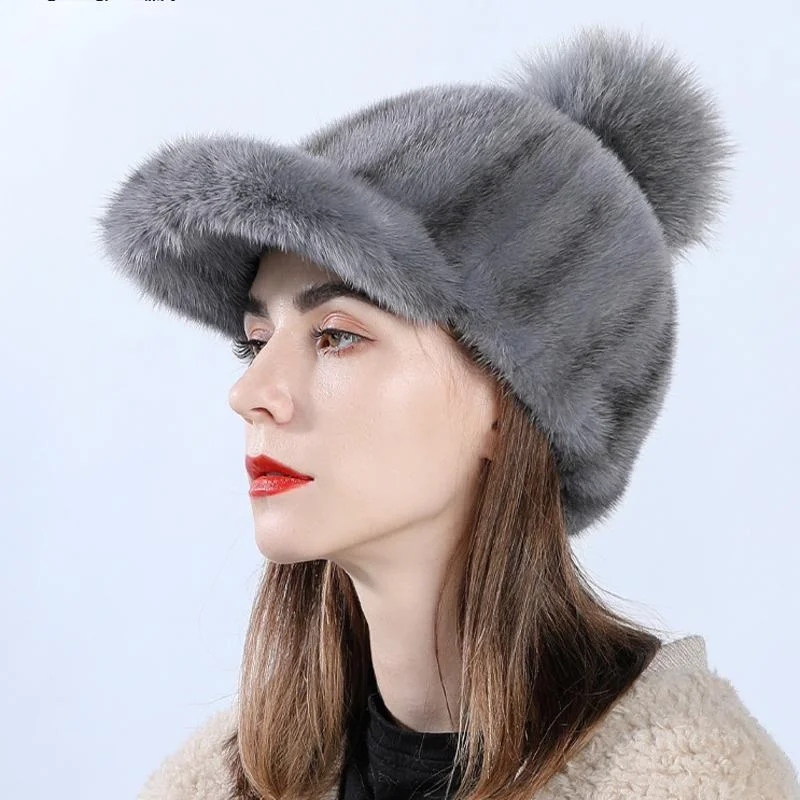 Real Mink Fur Hat For Women Winter Luxury Handmade Knit Fur Caps With Fox Fur Ball Outdoor Thickened Fur Hat Black Fur Caps