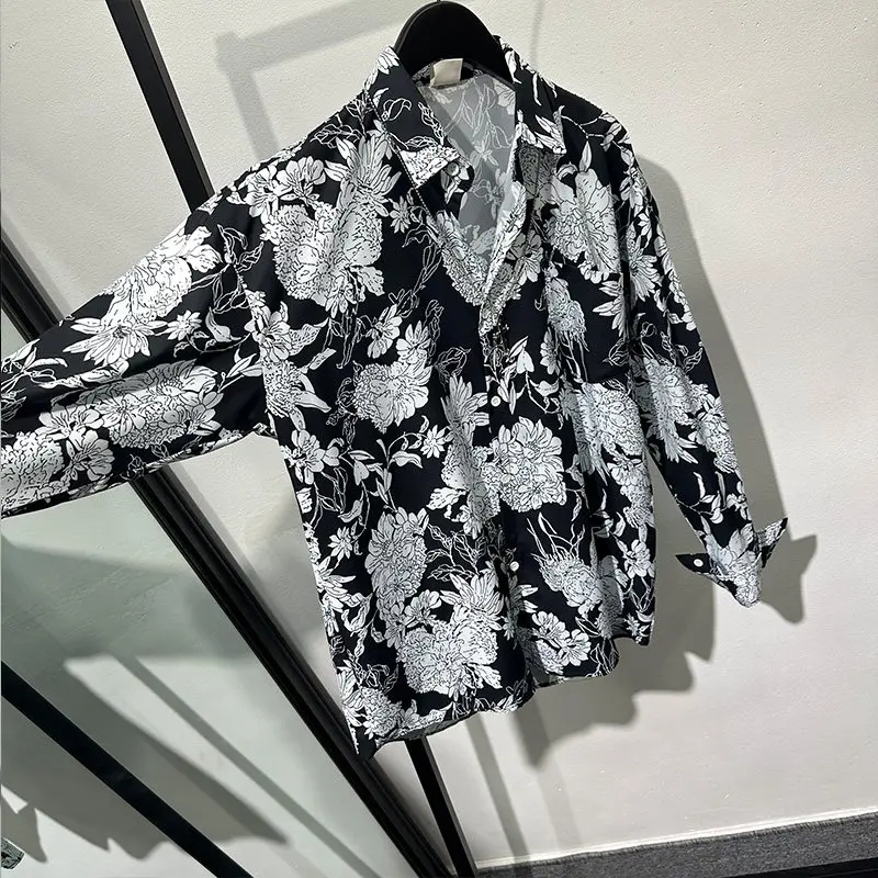 Dark Style Fashion Retro Printed Loose Long Sleeves Shirt Popular Leisure Vacation Thin Temperament