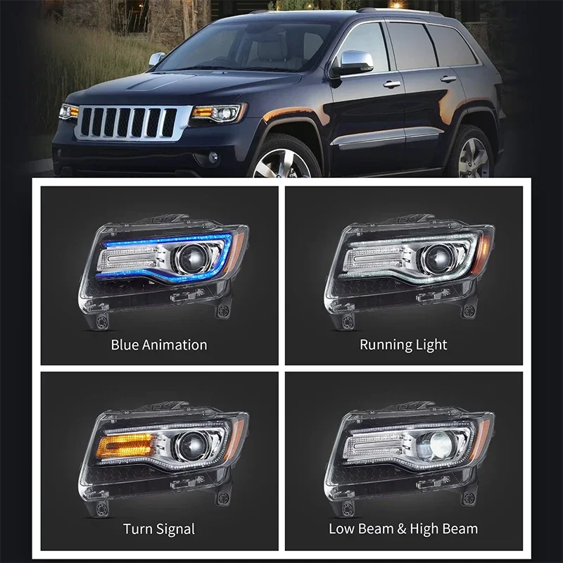 2 Stück LED-Scheinwerfer für Jeep Grand Cherokee WK2 2011-2013 DRL Sequentieller Blinker Blaue Start-Animation Plug-and-Play Frontleuchte