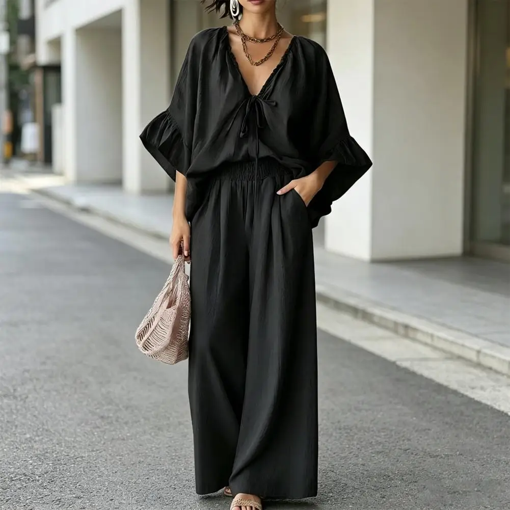 

Women Two-piece Suit Women Outfit Women's Summer 2 Piece Outfit Set Ruffle Sleeve V Neck Top Wide Leg Pants with Pockets