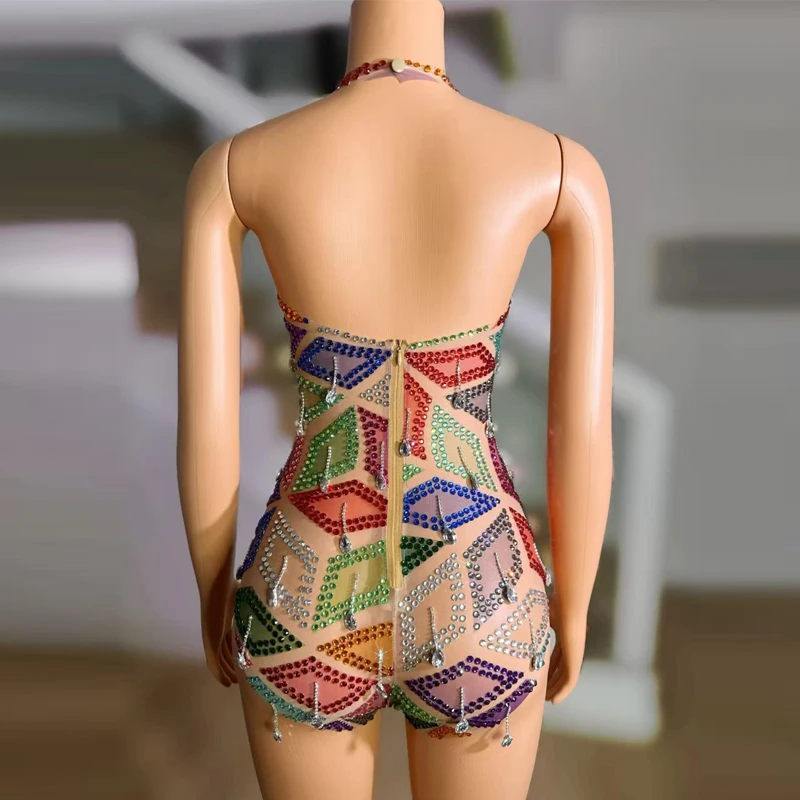 Body con diamantes de imitación coloridos para mujer, vestidos de noche para celebrar, disfraces de baile Gogo, trajes de baile en barra de Halloween, trajes Rave XS9879