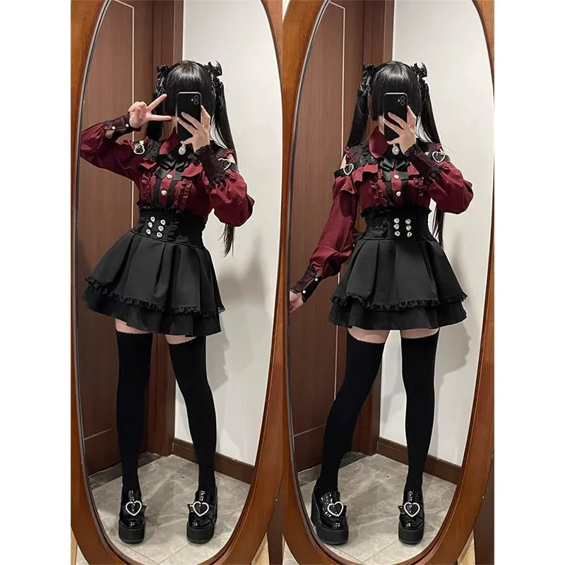 

Кружевные лоскутные рубашки с открытыми плечами и длинными рукавами с лацканами, женские юбки с высокой талией и бантом на бретельках, новые летние комплекты из двух предметов