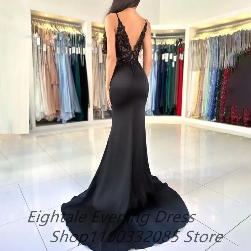 Eightale Aangepaste 2025, Zwarte Split Zeemeermin Prom Dress Bandjes Applicaties Backless Avondjurk Vrouwen Formele Party Gown