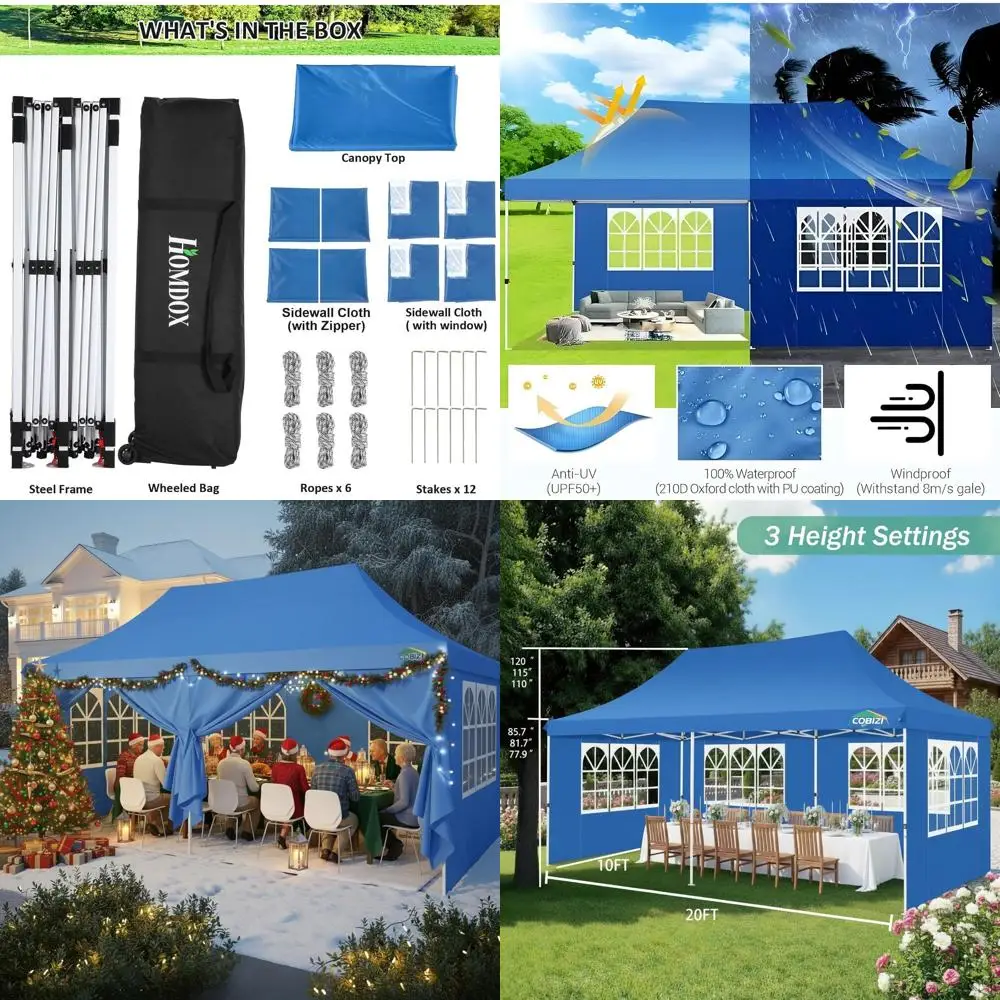 

10x20 Waterproof Adjustable Height Conical Party Tent with 6 Sidewalls, UV-Resistant, Carry Bag, Sandbags, and Stakes