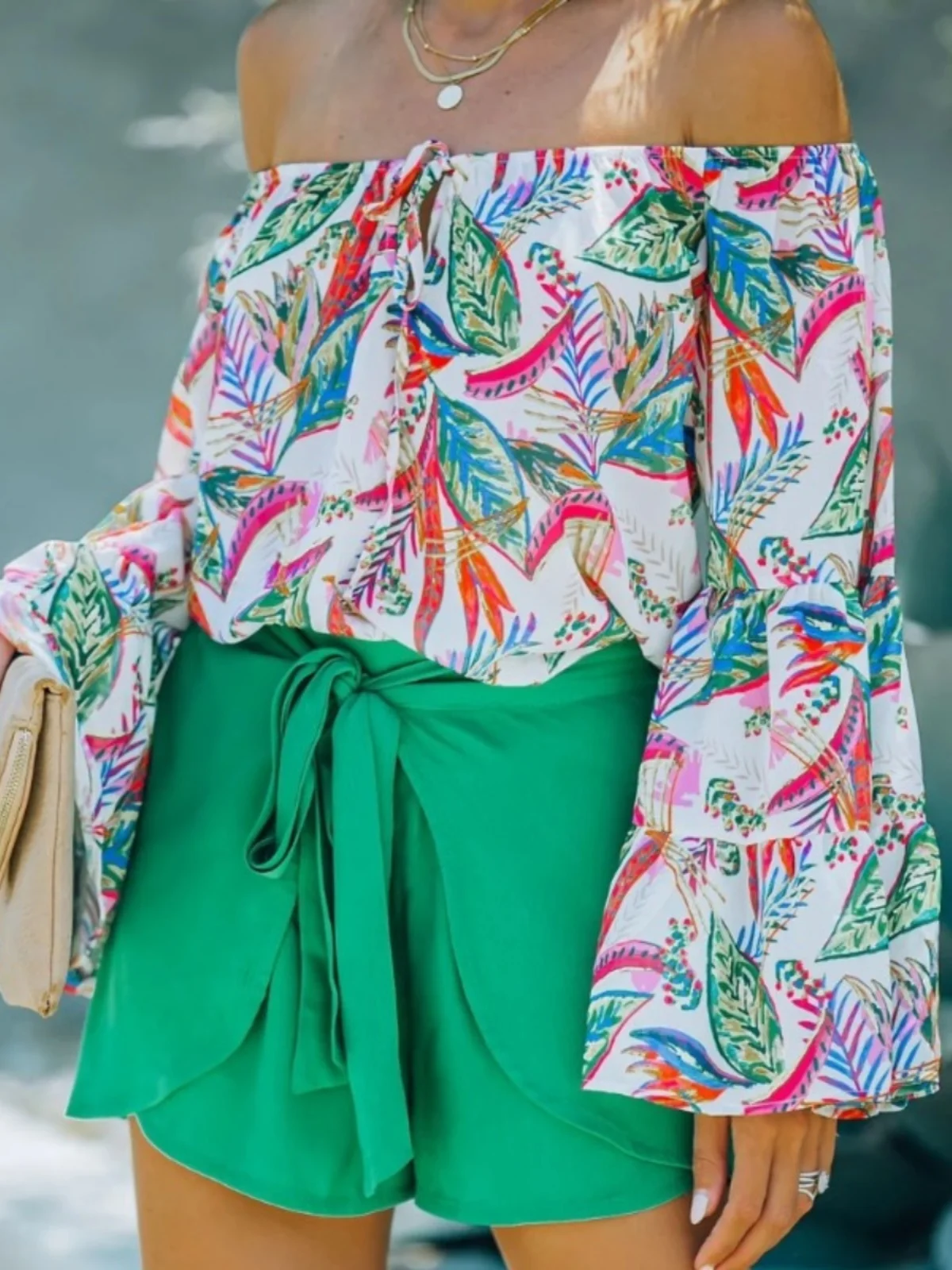 

Сексуальная блузка с открытыми плечами, цветочным принтом и рукавами-колокол, свободного кроя, укороченная, с длинным рукавом, на одно плечо, для осеннего сезона