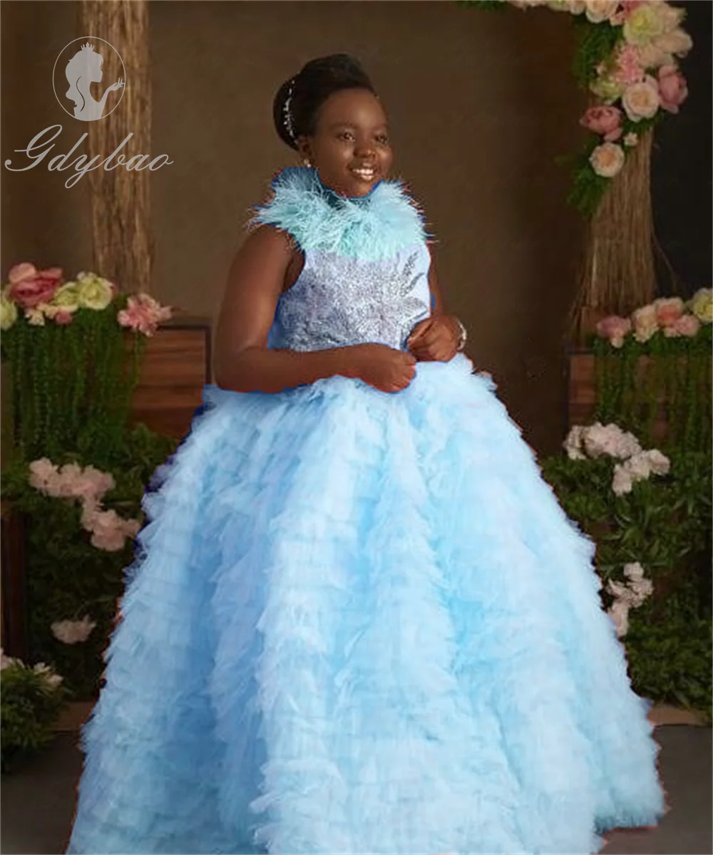 Vestidos de niña de flores de color rosa intenso con cuello de plumas de lujo, vestidos de desfile con volantes de tul para fiesta de cumpleaños, boda, princesa personalizada