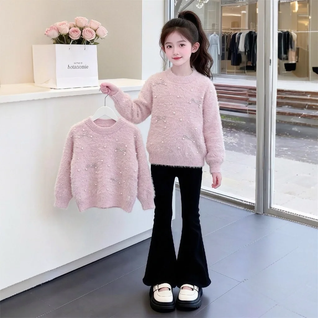 2026 Autumn Winter Teenagers Girls Kids Knit Sweater pearl Dresses Princess Clothes New Year Christmas bow 4 6 7 8 9 10 11 Year