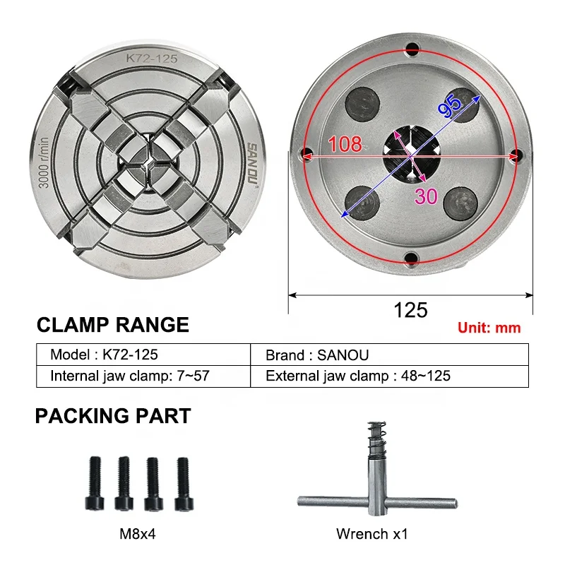 4 Jaw Chuck 125mm SANOU Metal Lathe Chuck K72-125 Independent Type Scroll Chuck for Mini Lathe WM210V