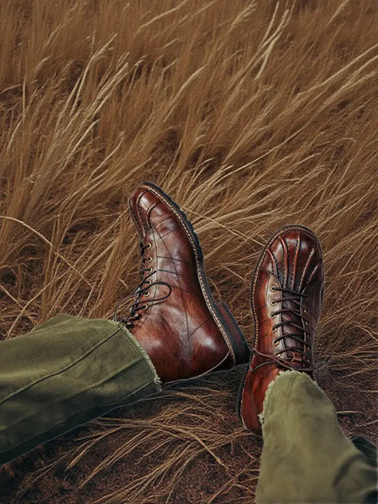 

American-style Retro Genuine Leather Brown Duck Hunting Boots High-top British Vegetable-tanned Top-layer Cowhide Workwear Shoes
