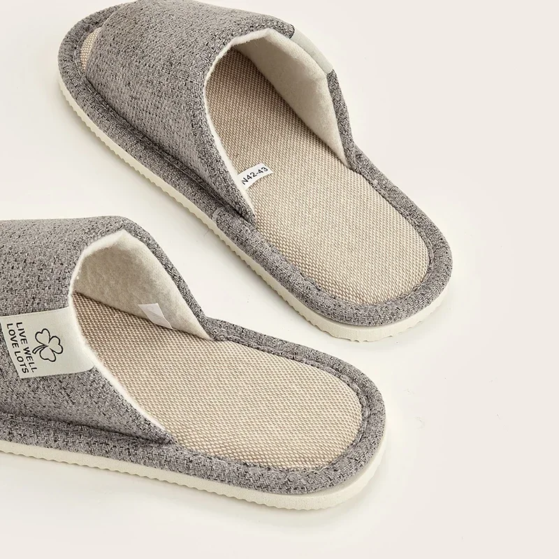 Open Toe Linen House Slippers, Unisex Breathable Bedroom Slides, Indoor Home Shoes for Spring Summer Autumn