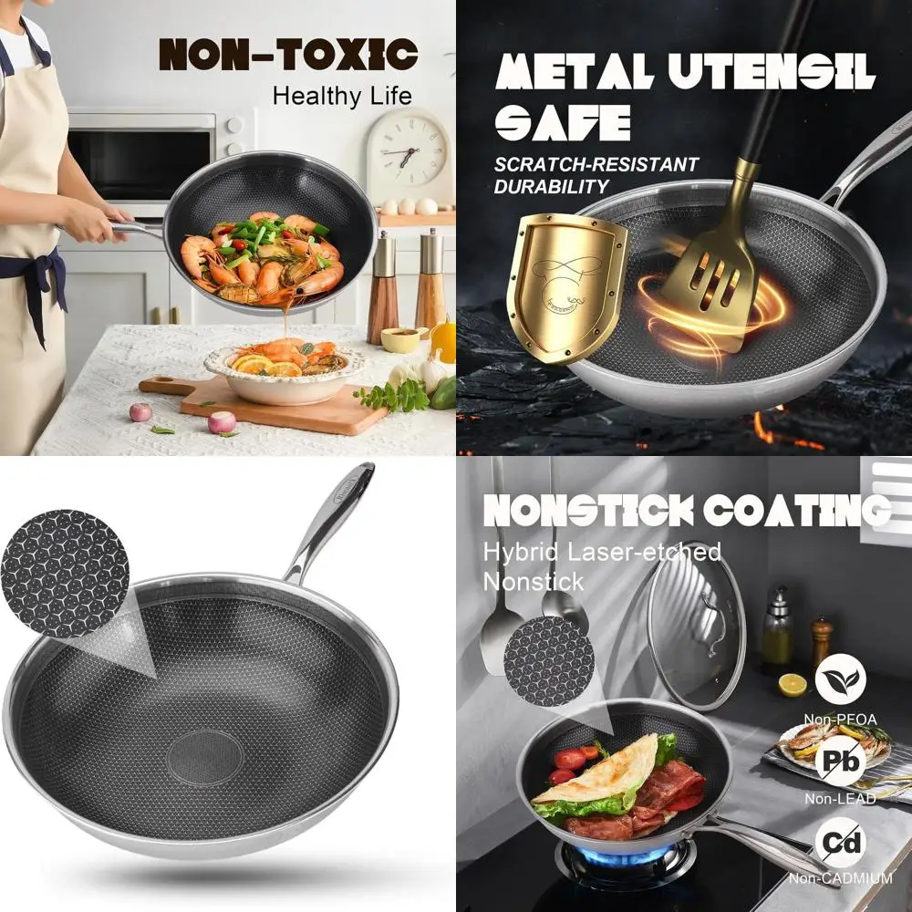 

12-Inch Non-Stick Stainless Steel Wok with Lid, PFOA-Free, Dishwasher and Oven Safe, Induction Compatible Cookware