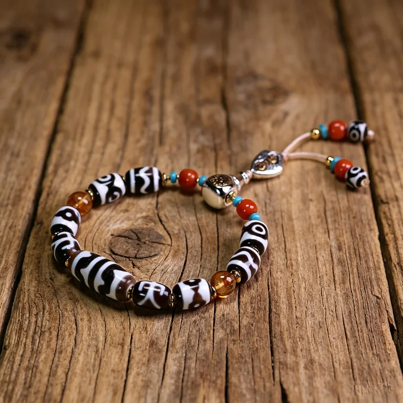 Natural Tibetan Genuine Old Mine Raw Agate Tiger Tooth Dzi Bead Multi-Treasure Bracelet, approximately 12x28mm