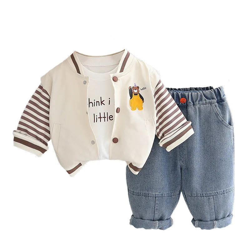 2025 New Kids Boys Autumn Long Sleeve Set Cartoon Bear Casual Autumn Clothes Baby Striped Sleeve Three-Piece Set