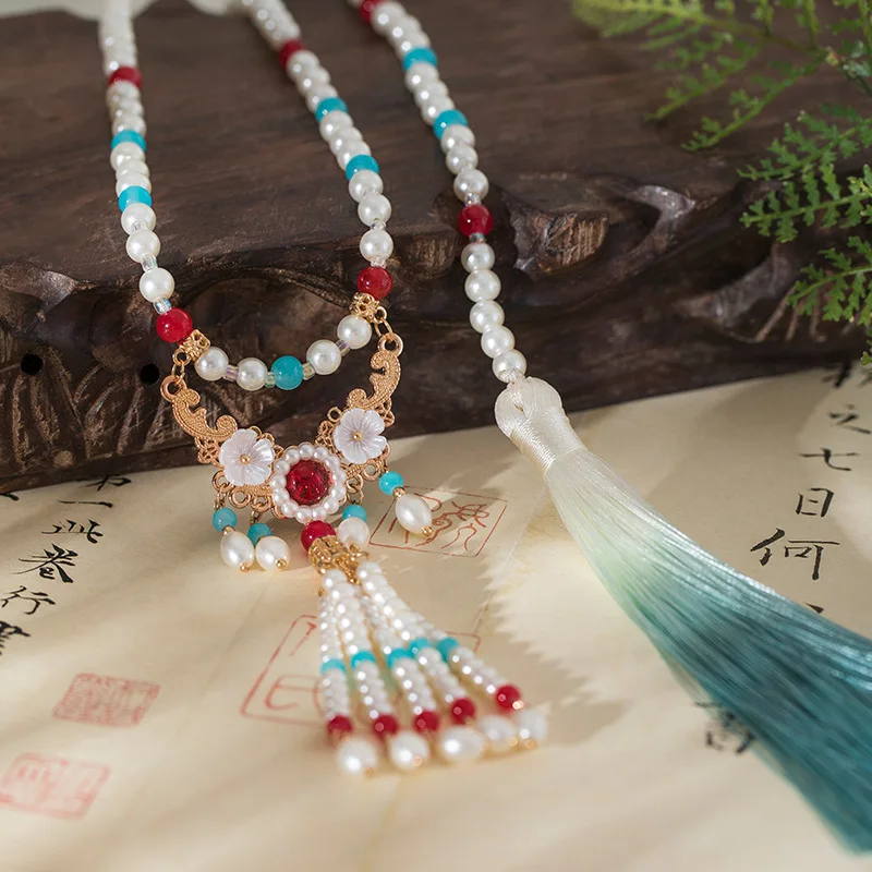 New Chinese Style Necklace Ancient Horse-face Skirt Decor Choker Long Fringe Pearl Beads Chains Lady Han Costume Neck Jewelry