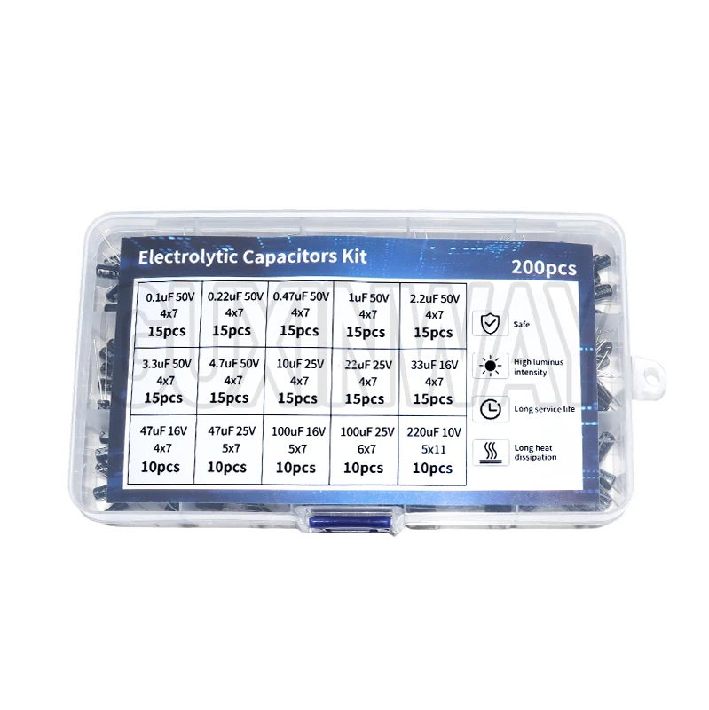 200pcs 15 값 10V 16V 25V 50V 0.1uF-220uF 0.22uf 2.2uf 100uf 방사형 커패시터 세트 전해 커패시터 분류 키트