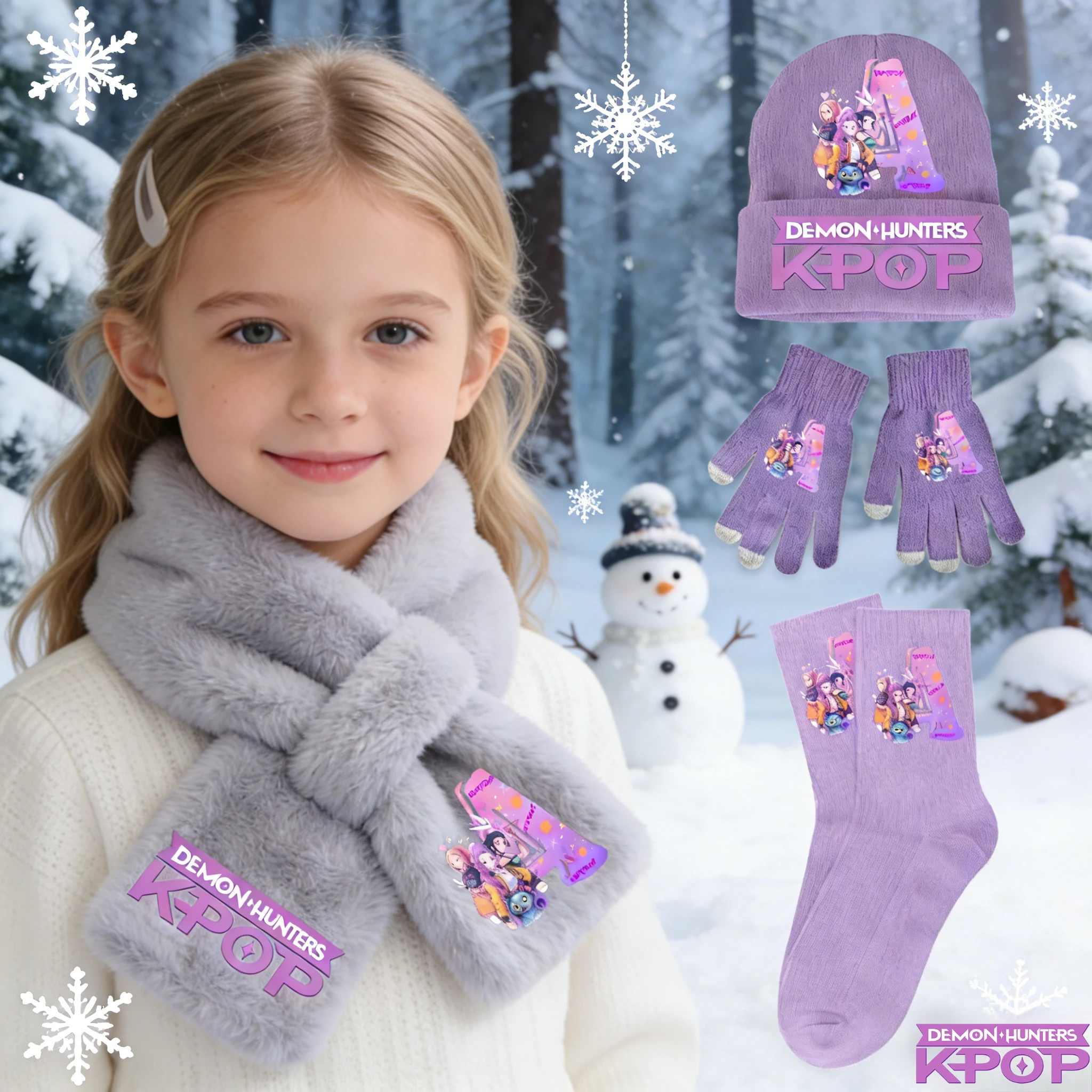 

KPop Охотники на демонов, 4 шт., зимний теплый вязаный комплект для девочек, шапка, шарф, перчатки, носки, аксессуары для холодной погоды, повседневный подарок на день рождения для детей