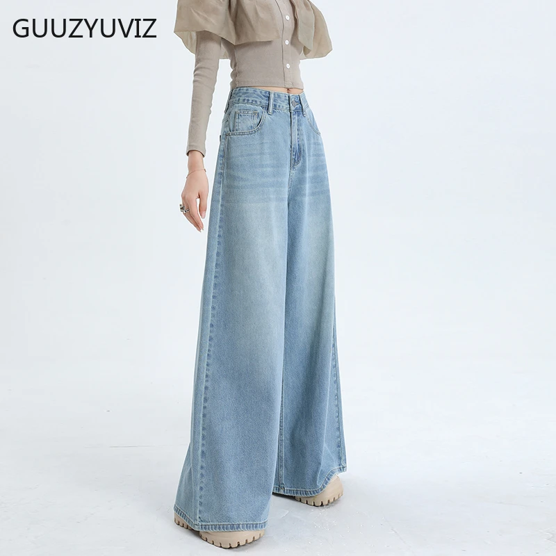 GUUZYUUVIZ-여성용 빈티지 빅 와이드 레그 데님 팬츠, 라이트 블루, 한국 패션, 캐주얼 루즈핏, 워싱 헐렁한 청바지