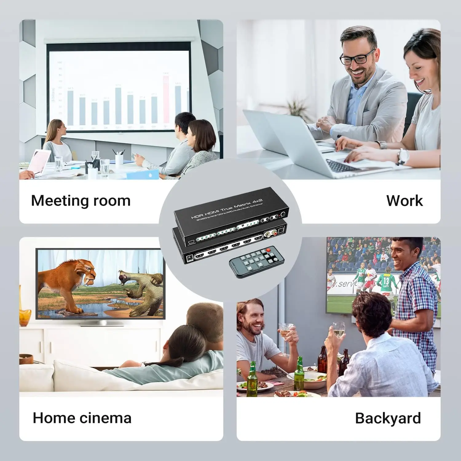 8K HDMI 2.1 Switcher Matrix,4x2 Video Splitter 4K 120Hz Audio Extractor ARC Dolby Vision Atmos 7.1 5.1 2CH Audio for PS5