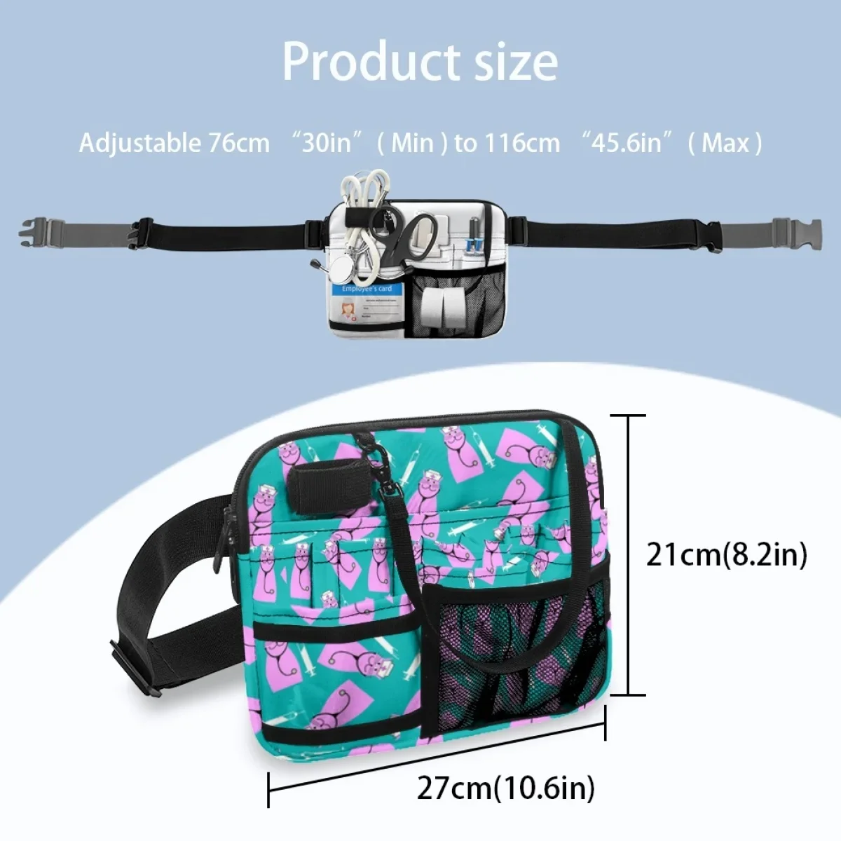 Purple Medical Pet Cat Print Casual Belt Bags Nursing Tool Waist Pouch Multi Compartment Hip Bag Pocket Fanny Pack Tape Holder