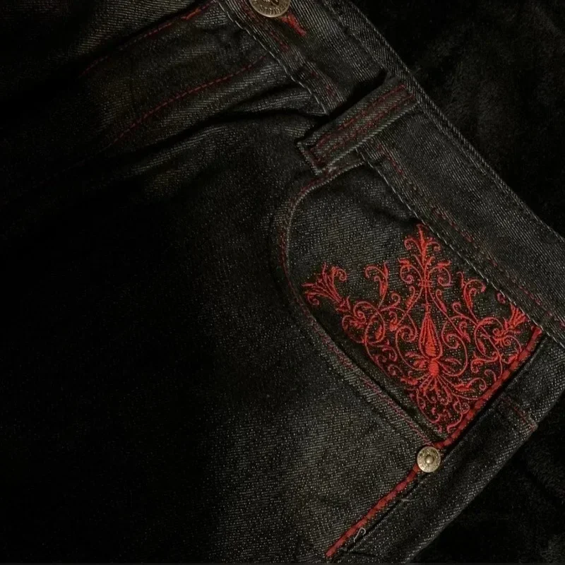 2024 Y2K Gothic Embroidered Men Black Red Pattern High Waist Jeans American Retro Street Couple Casual Pants High Street denim