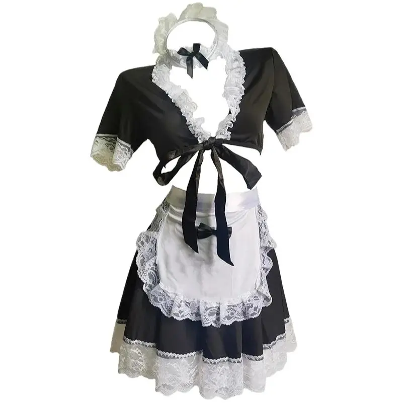 

Black and White Patchwork Two-piece Top and Skirt with Separate Hair Clip Lace Inlaid Collar Cuffs Patchwork Lace Independent