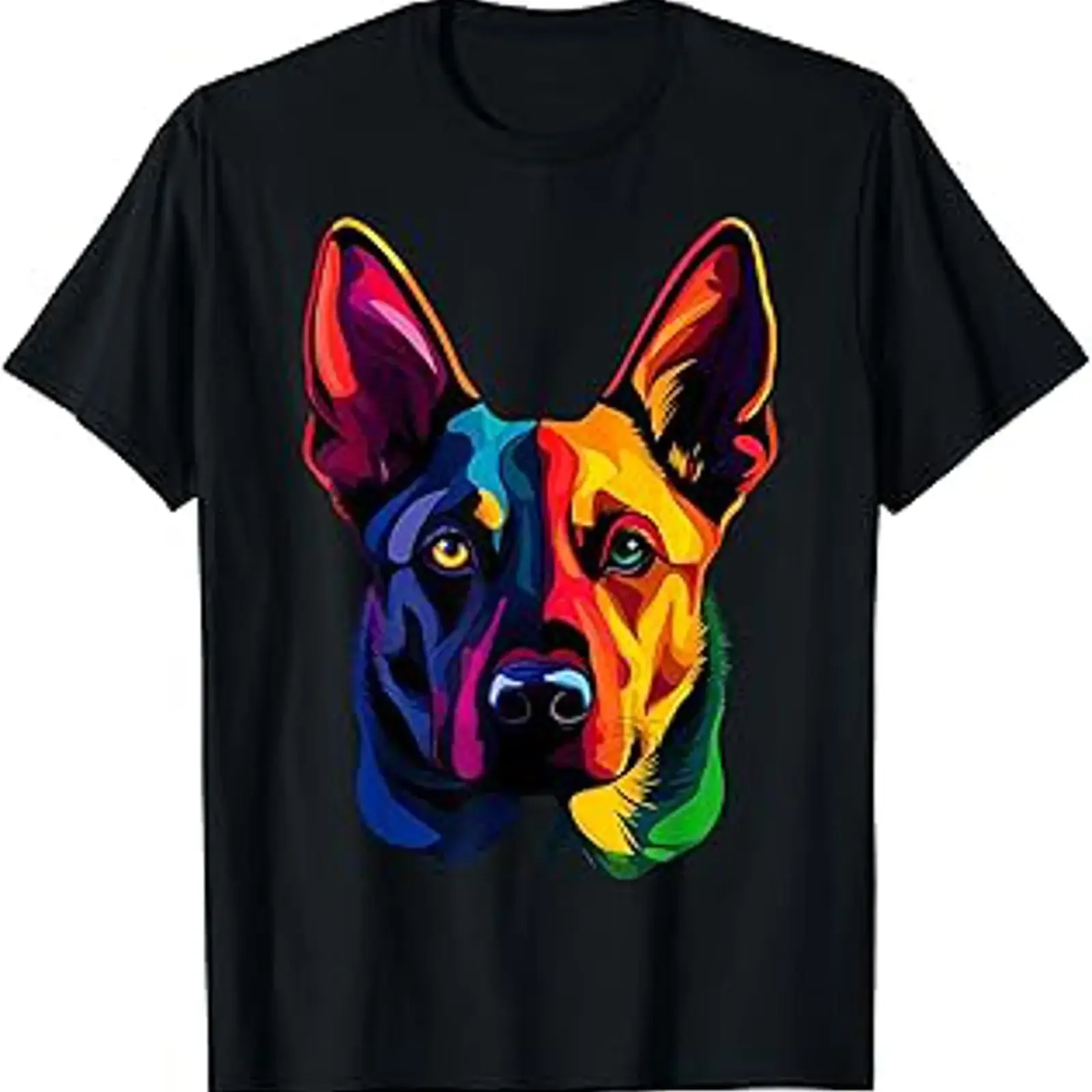 Camiseta negra con estampado de cara de perro pastor belga Malinois, colorida y linda, estilo vintage, cómoda, elástica y versátil para hombre