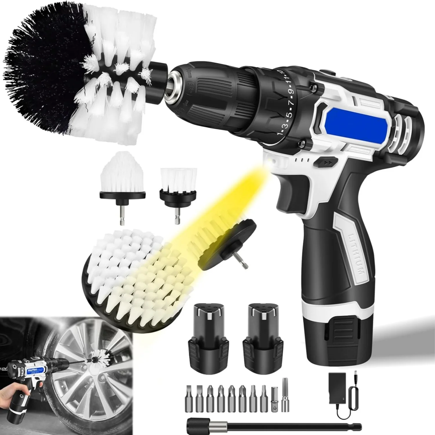 BRIEFNESS Electric Cleaning Brush Car Tyre Scrubbing Kit Car Cleaning Tools Electric Drill Brush with LED Lights