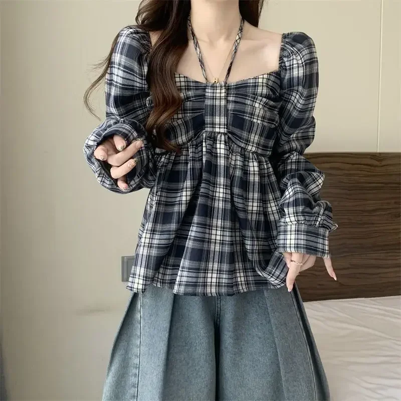 بلوزة منقوشة للسيدات بأكمام واسعة على الطراز الكوري للربيع تصميم نحيف مضاء موضة ريترو كل مباراة ملابس الشارع الشهير De Mujer #3