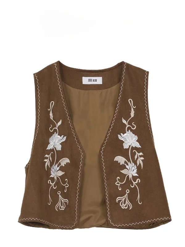 

N Sle Вышитый многослойный жилет с поясом и цветочным принтом Vaion Этническая мода Маленькая накладка на плечо Женская куртка